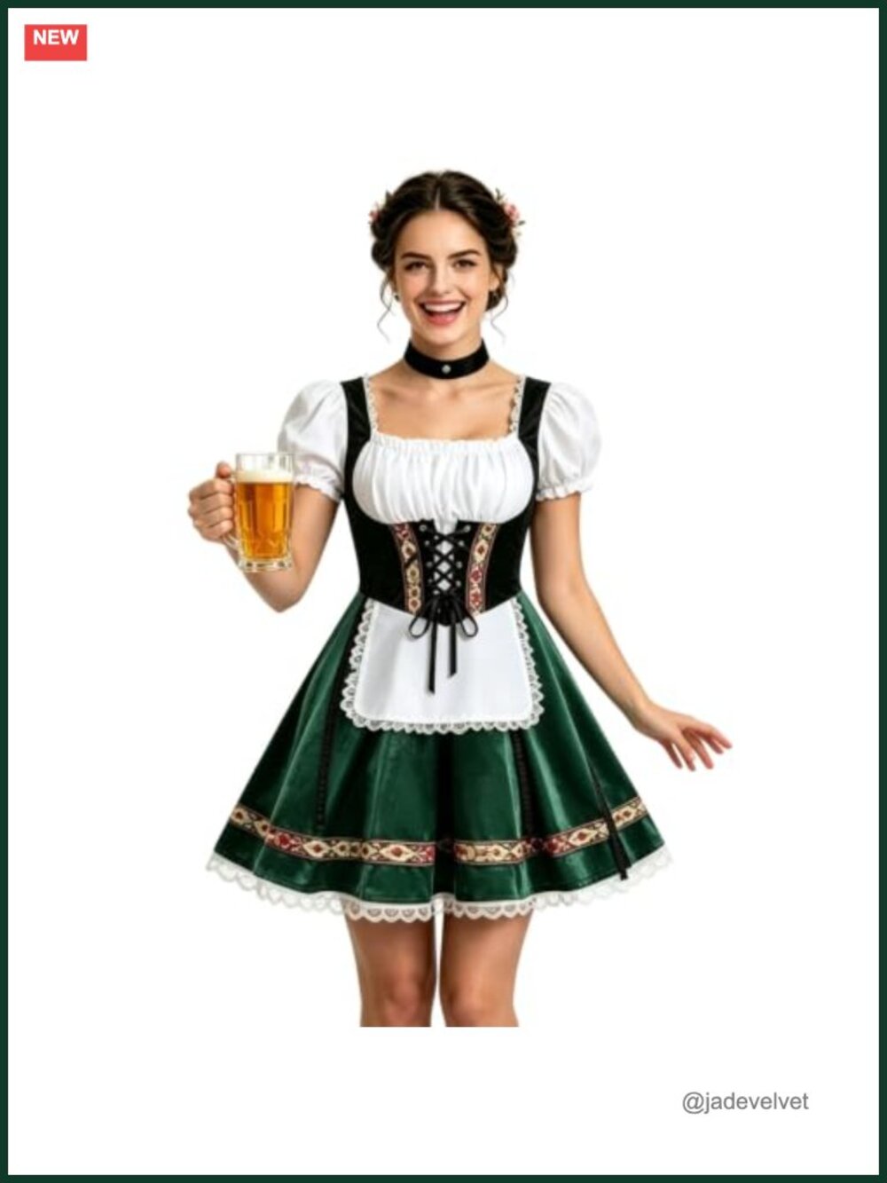 Women's Oktoberfest Dirndl Costume Dress with Apron & Choker, Velvet Lace-Up